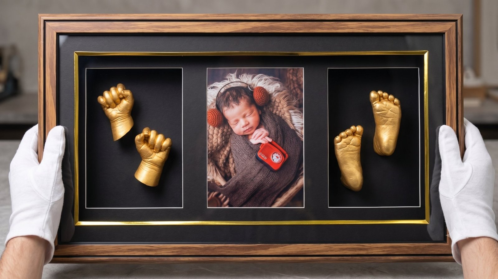 Dark wood frame holding gold casts alongside a printed photograph