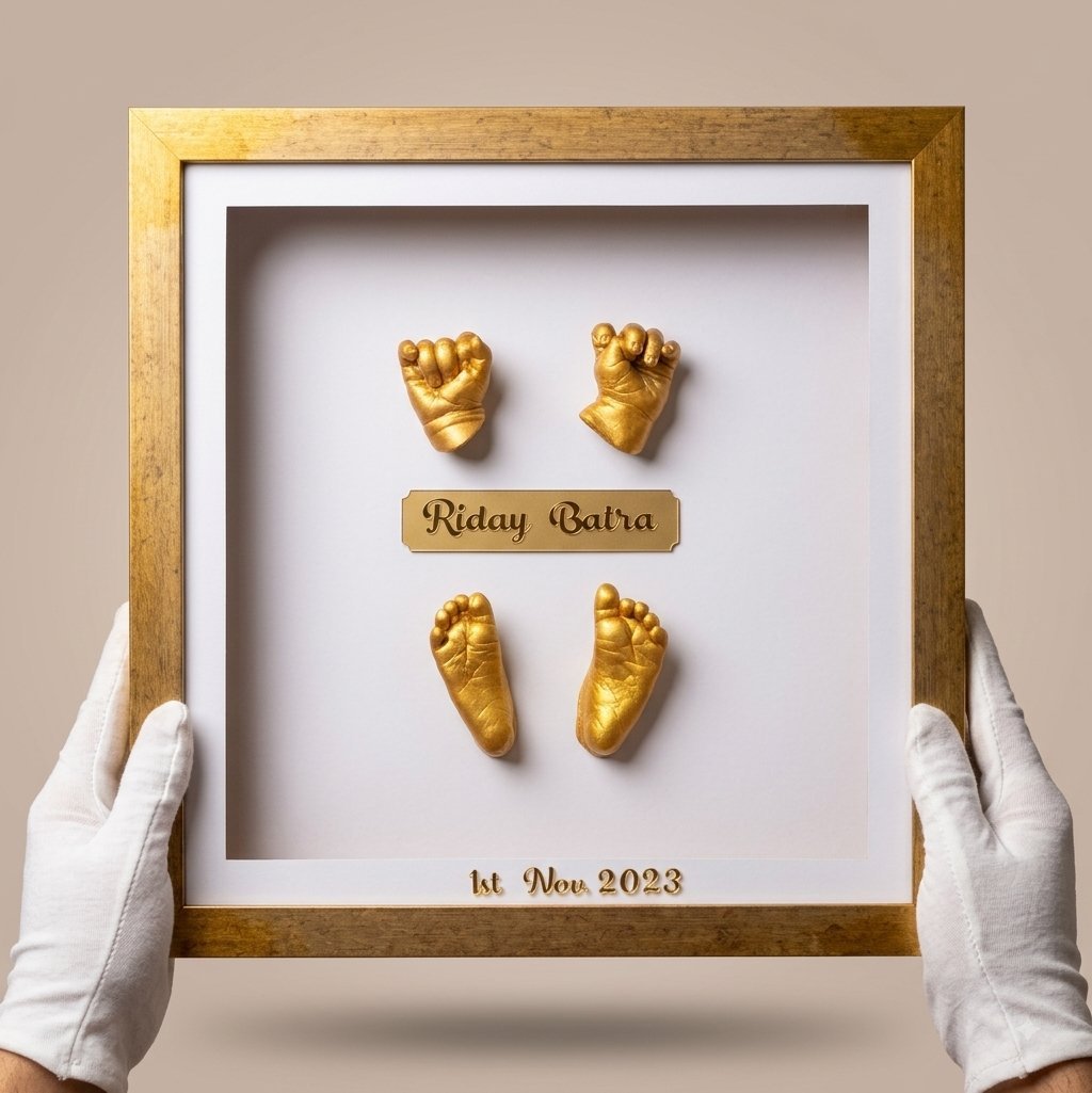 Four gold hand and foot casts mounted in a gilt frame