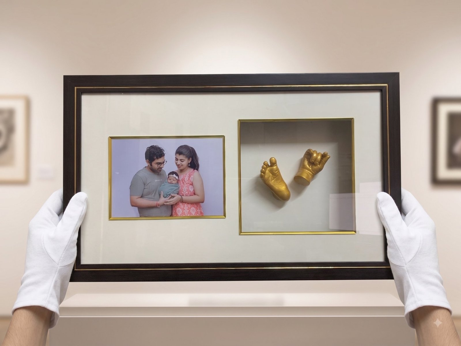 Framed gold cast displayed beside a family photograph