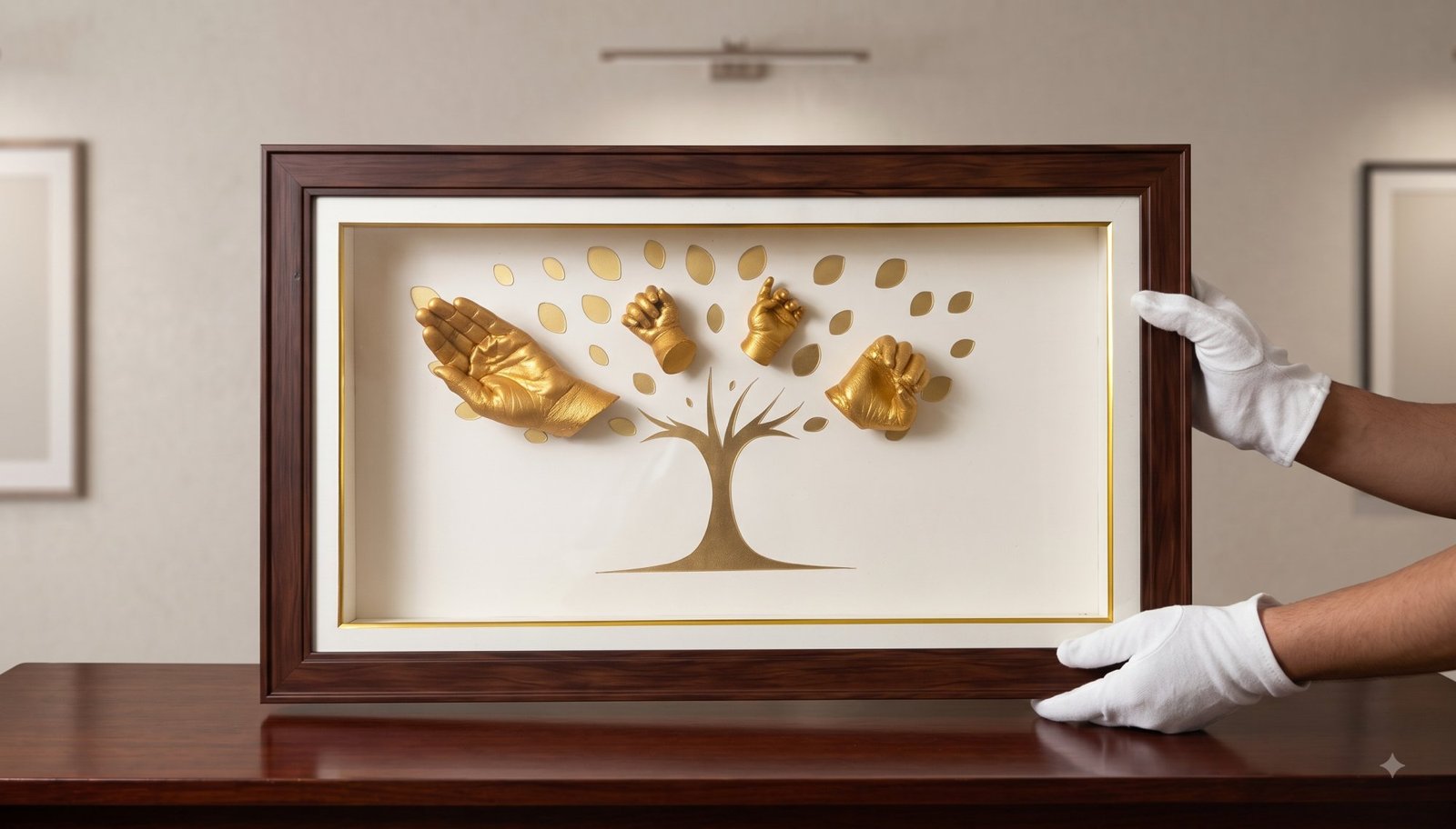 Gold hand and foot casts arranged as a tree in a dark wooden frame