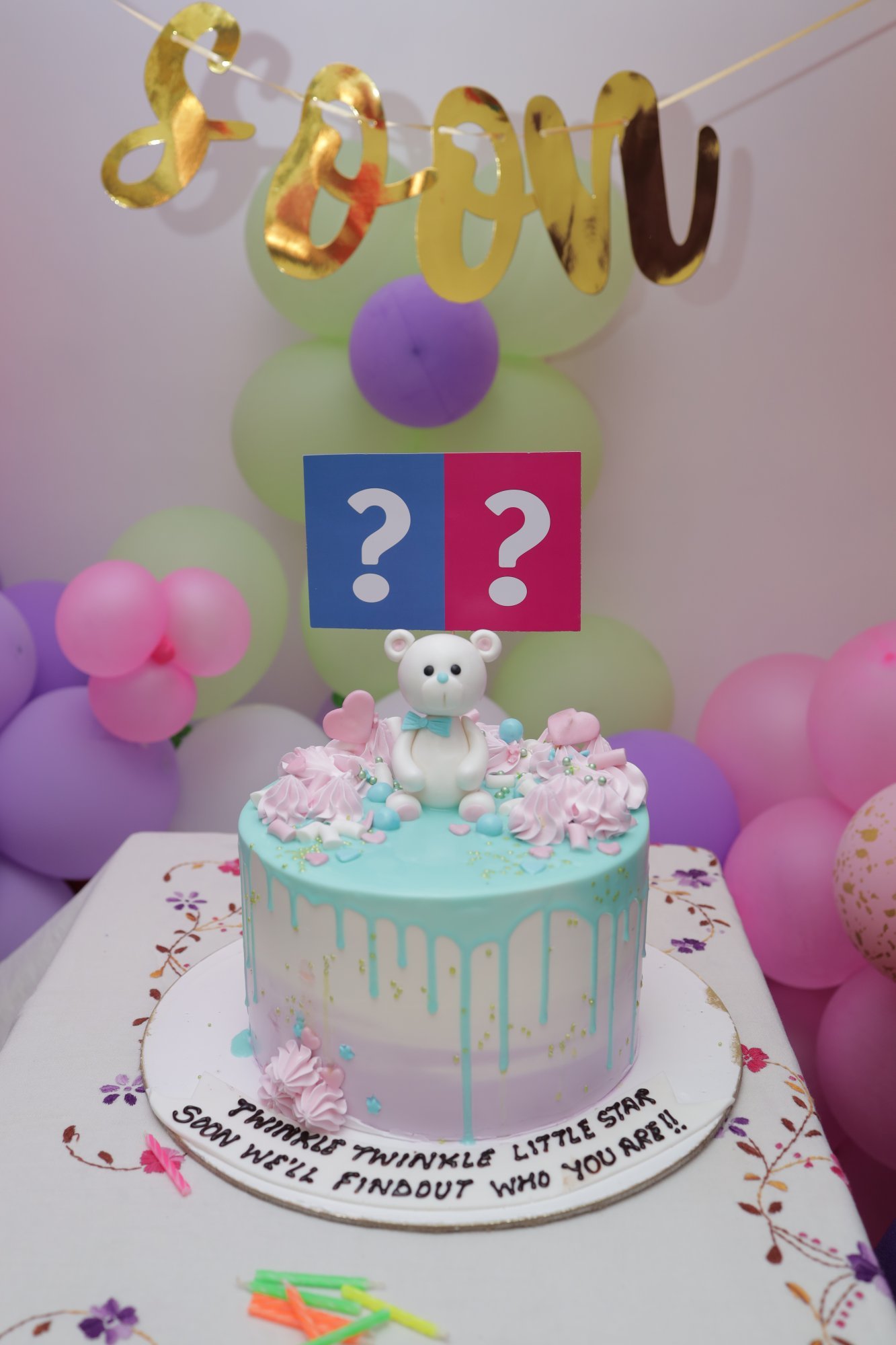 Decorated cake and dessert table at the baby shower