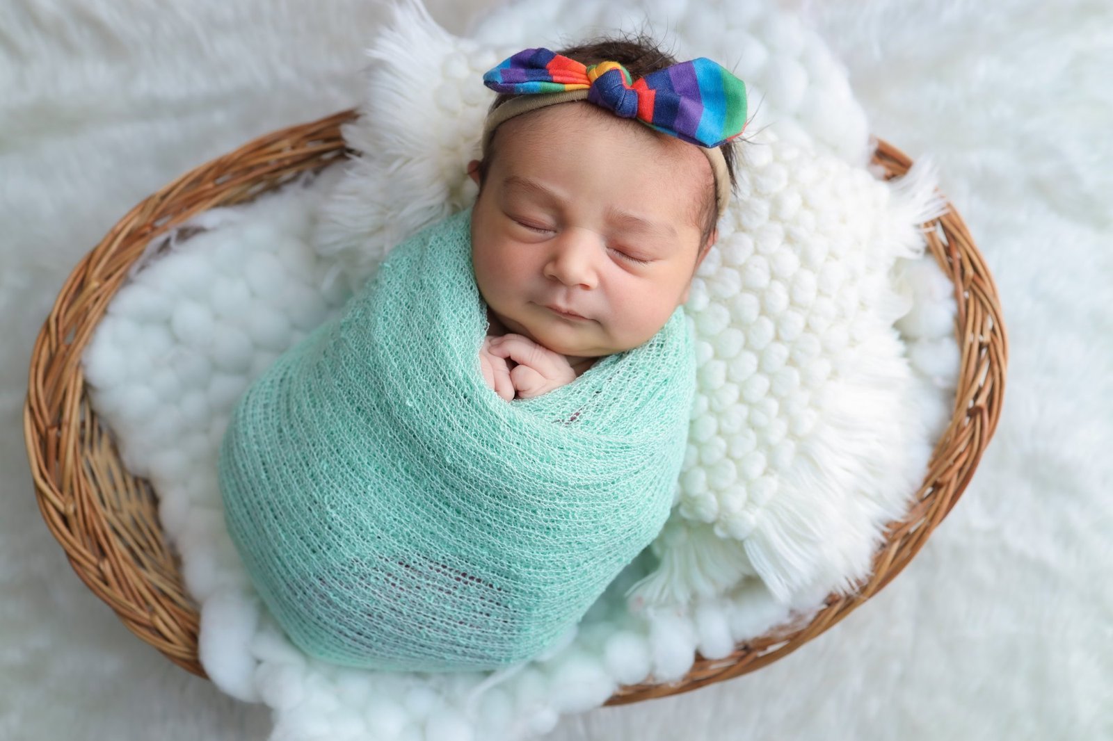Newborn in a mint wrap and colourful bow asleep in a basket