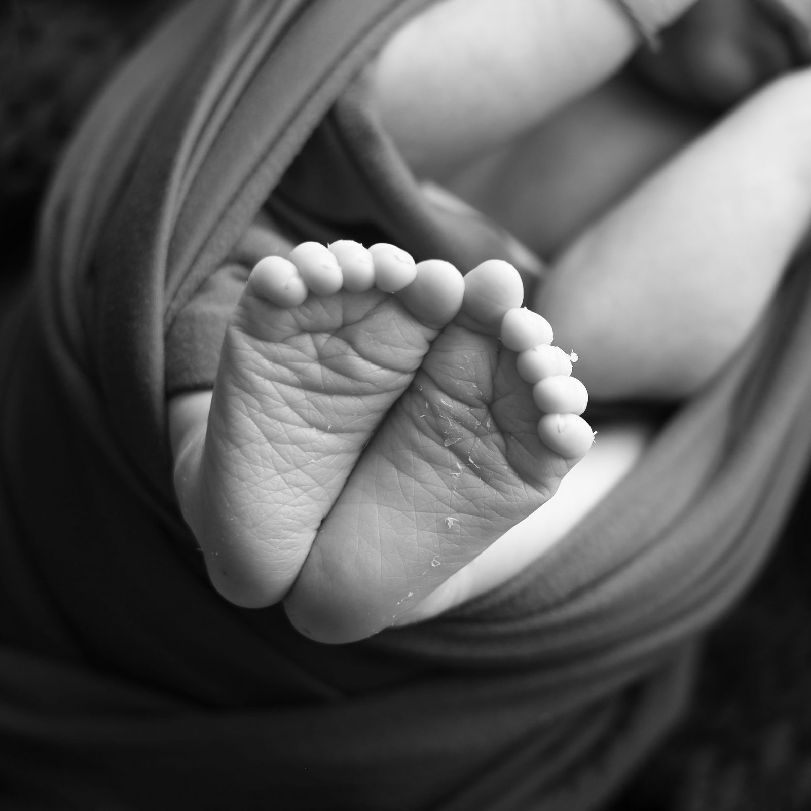 Black and white close-up of a newborn's feet held in soft fabric