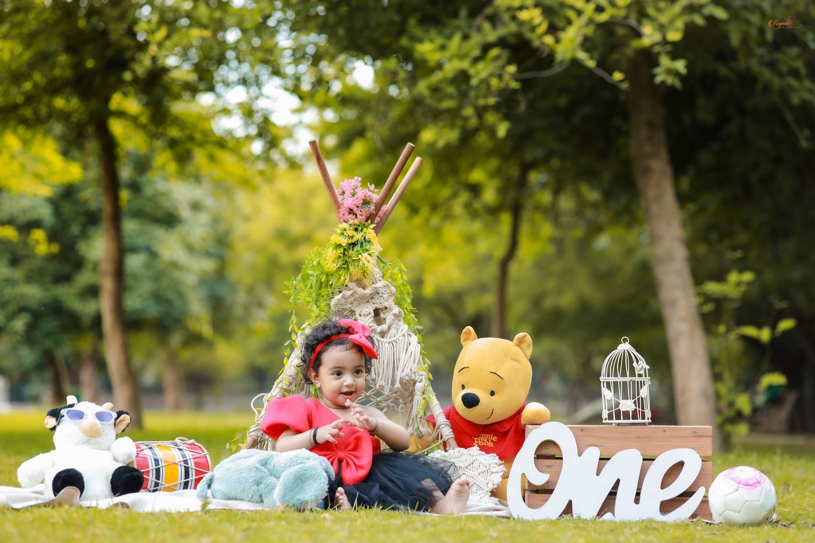 Toddler at an outdoor teepee with soft toys and a ONE sign